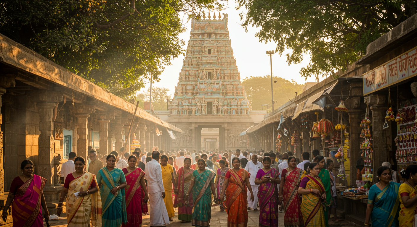 Practitioners participating in traditional temple ceremonies and sacred rituals in South India